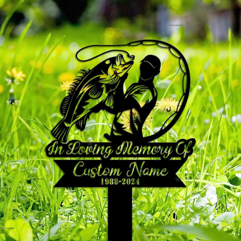 Personalized Bass Fishing Fisherman Memorial Stake, Metal Stake, Sympathy Sign, Grave Marker, Remembrance Stake, Dad Gift, Dad loss, Hunting