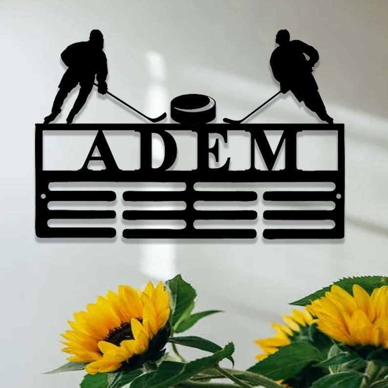 Custom Metal Hockey Medal Holder, Personalized Hockey Player Medal Hanger,12 Rungs for Medals & Ribbons, Hockey Sport Display Awards Sign