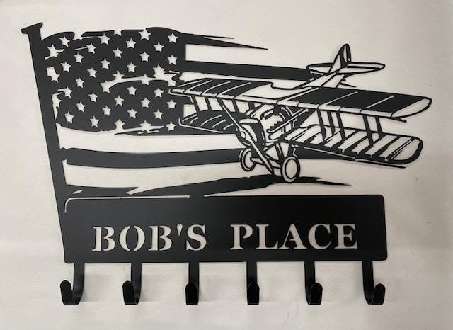 Bi-plane And American Flag Hatcoat Rack Personalized Key Holder Coat Hook For Wall Key Organizer Gift Idea For Aviation Lovers