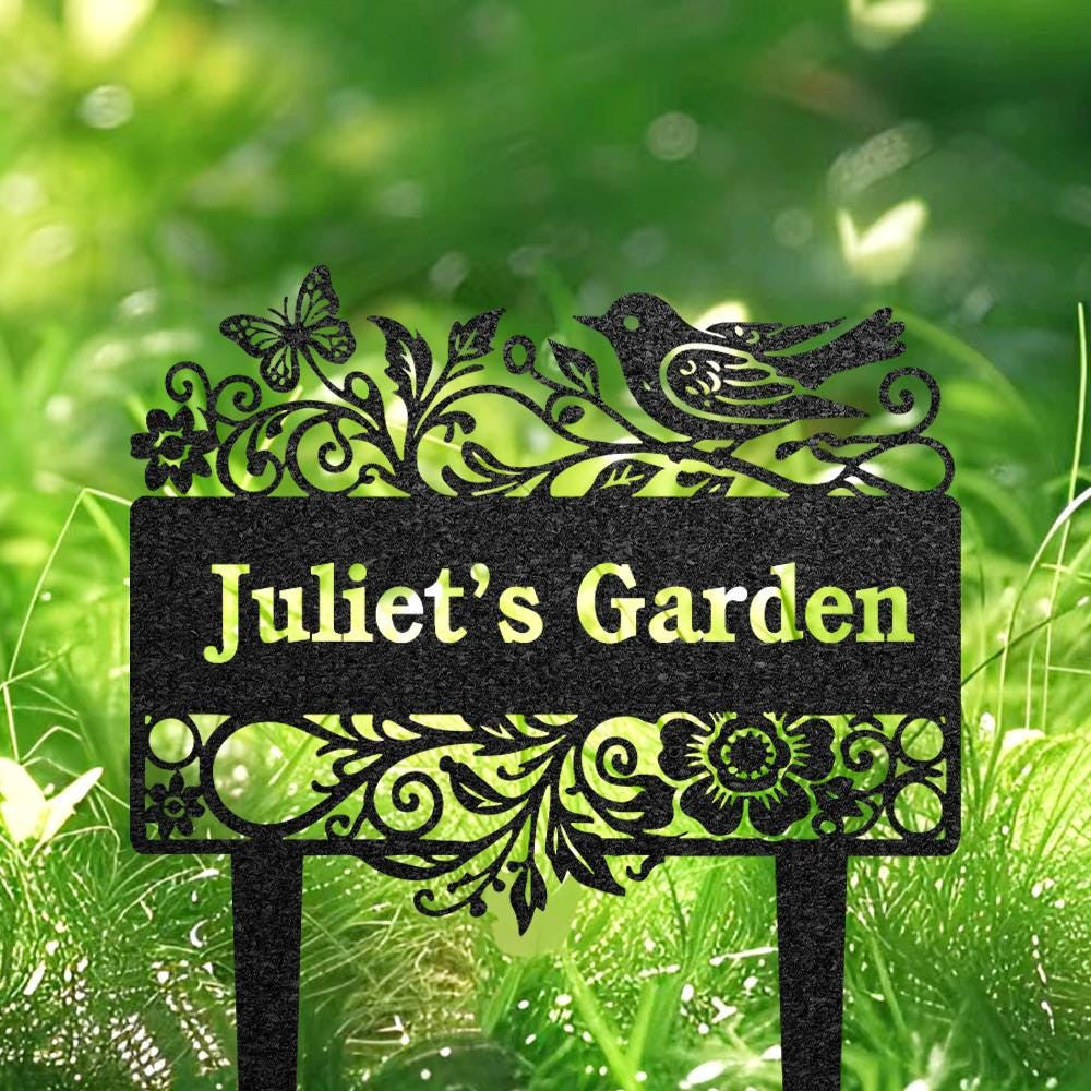 Custom Garden Name Sign Personalized Flower Garden Decor Metal Bird Garden Sign Lawn Sign With Stake Butterfly Garden Decor Home Gift