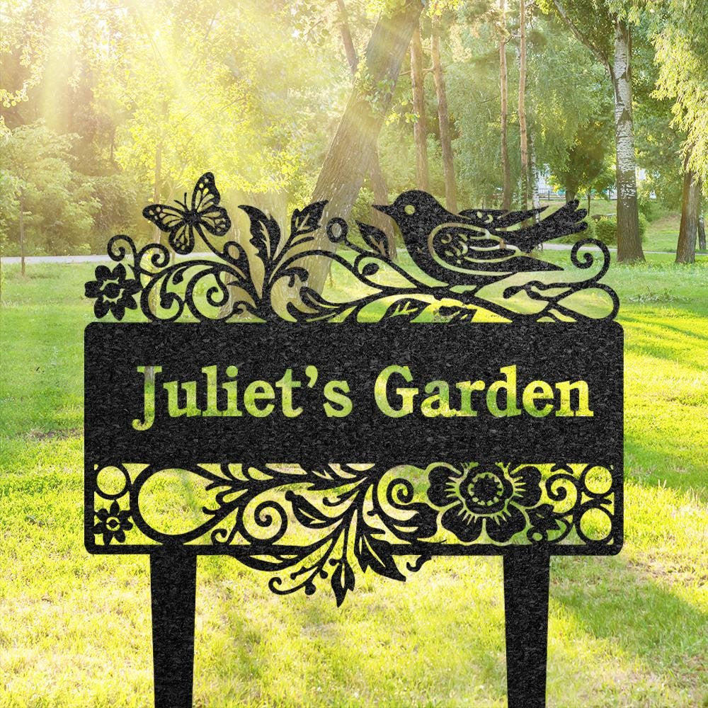 Custom Garden Name Sign Personalized Flower Garden Decor Metal Bird Garden Sign Lawn Sign With Stake Butterfly Garden Decor Home Gift