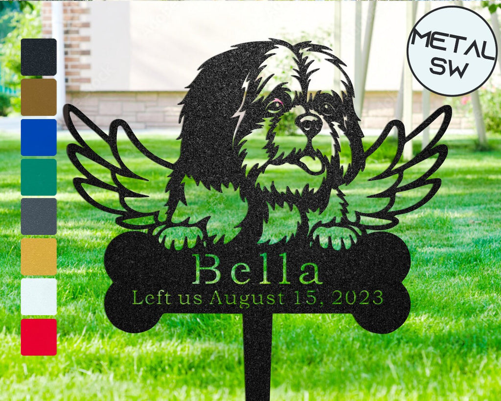 Outdoor Waterproof Shih Tzu Memorial Gardenstake Pet Dog With Angel Wings Sign Metal Shih Tzu Grave Marker Pet Memorial Garden Stakes