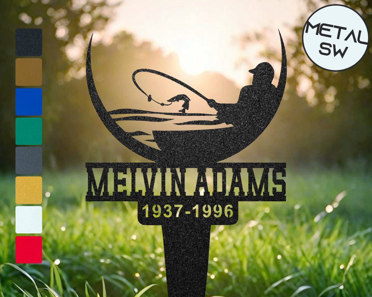 Custom Metal Fishing Boat Scene Memorial Stakes Personalized Fishing Monogram Fisherman Grave Marker Sympathy Gift Fishing Lover Gift