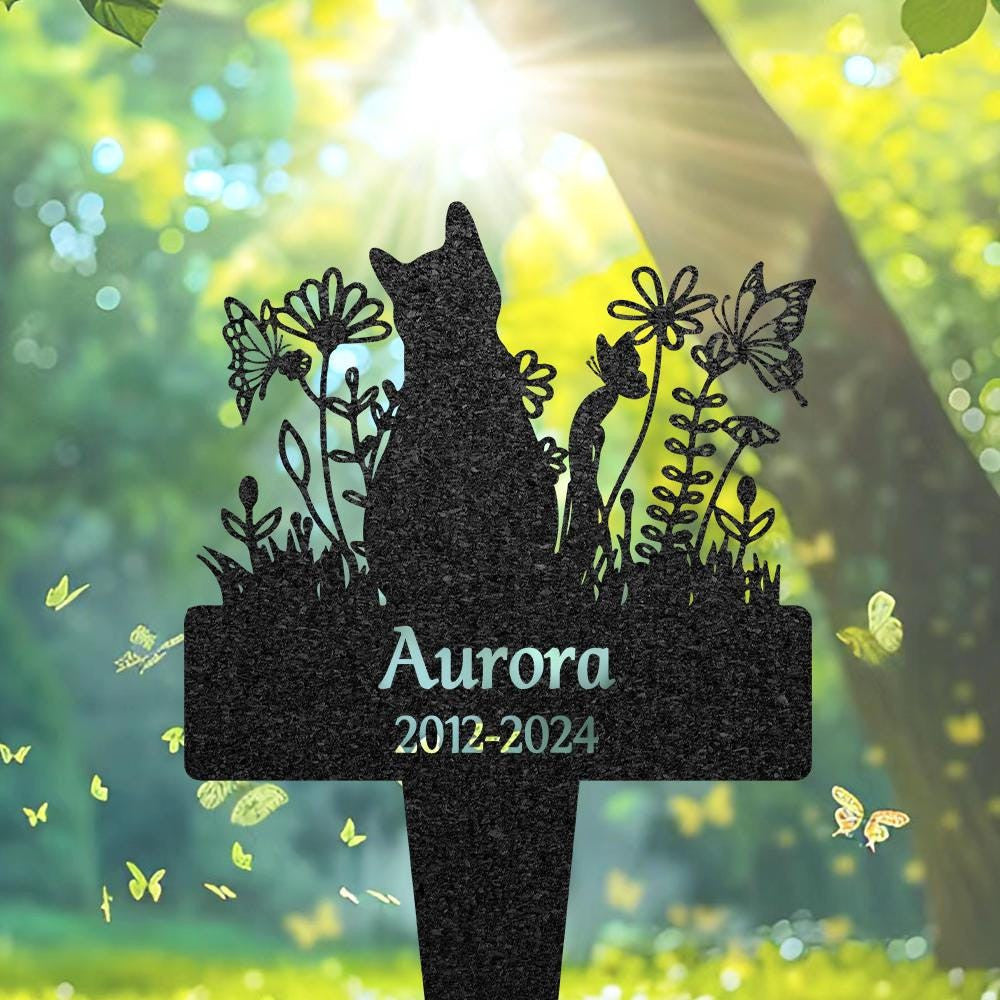Personalized Cat Memorial Stake Custom Cat Grave Marker Metal Garden Sign Cat Burial Stake Cat Garden Decor With Flowers Cat Lover Gift