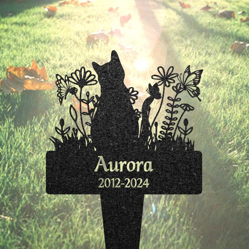 Personalized Cat Memorial Stake Custom Cat Grave Marker Metal Garden Sign Cat Burial Stake Cat Garden Decor With Flowers Cat Lover Gift