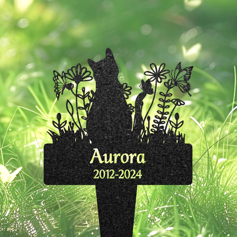 Personalized Cat Memorial Stake Custom Cat Grave Marker Metal Garden Sign Cat Burial Stake Cat Garden Decor With Flowers Cat Lover Gift