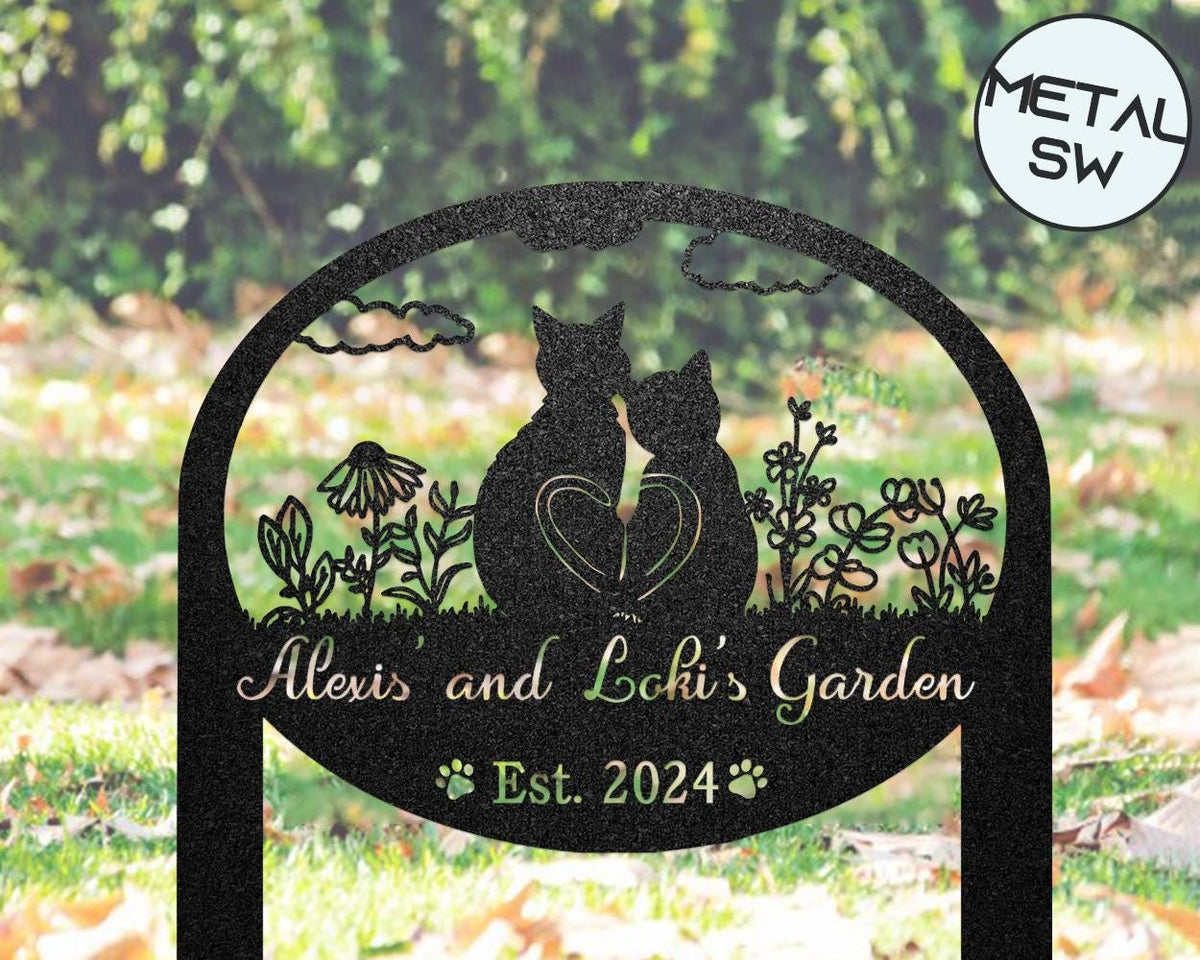 Custom Cat Metal Garden Sign 2 Cats Garden Stakes In The Garden