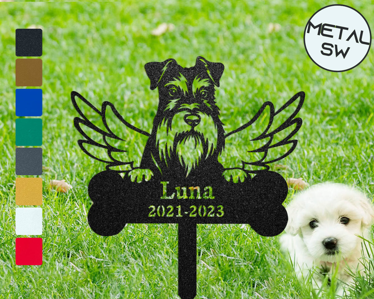 Custom Metal Mini Schnauzer Sign Stakes Schnauzer Pass Away Gift Family Dog Memorial Plaque Dog Angel Wings Ornament Dog Grave Marker