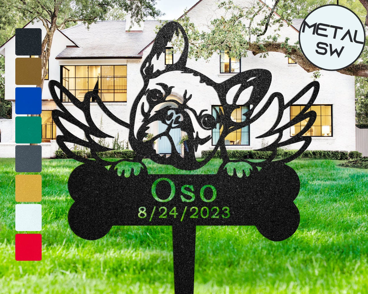 Personalized Metal French Bulldog Memorial Plaque Burial Stake Pet With Angel Wings French Bulldog Grave Marker Family Dog Pass Away Gift