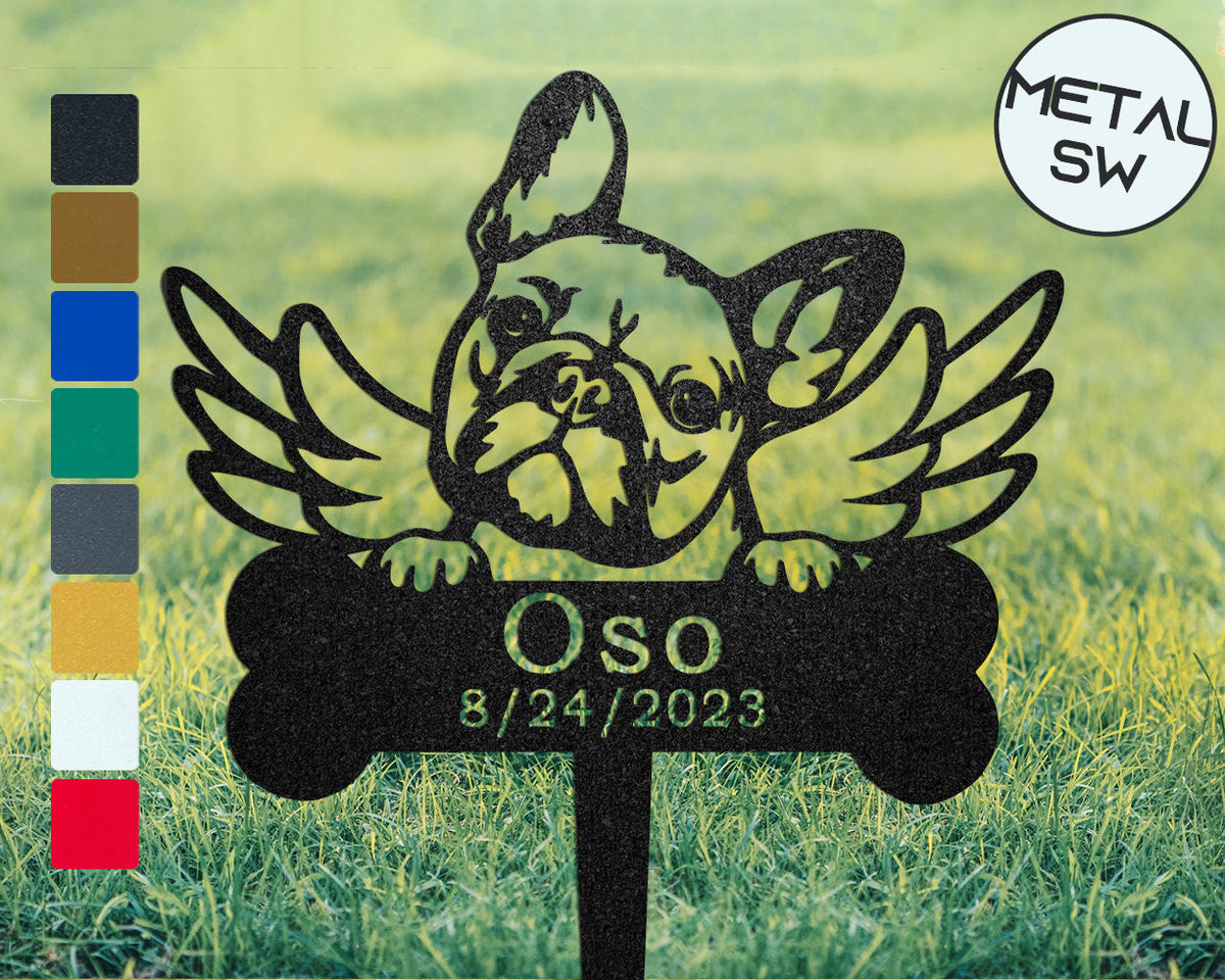 Personalized Metal French Bulldog Memorial Plaque Burial Stake Pet With Angel Wings French Bulldog Grave Marker Family Dog Pass Away Gift