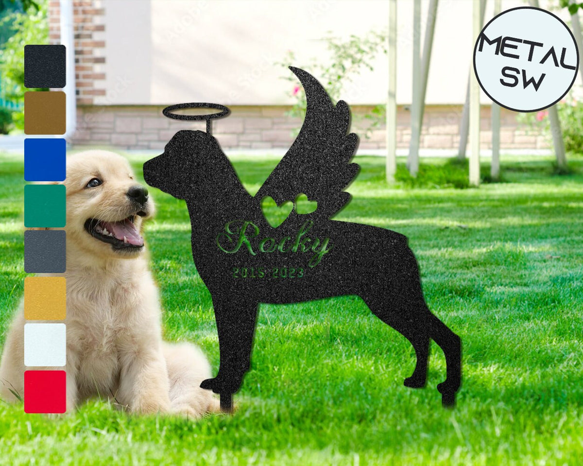 Metal Rottweiler With Angel Wings And Halo Pet Memorial Garden Stakes Rottweiler Grave Marker Graveyard Remembrance Graveside Sign