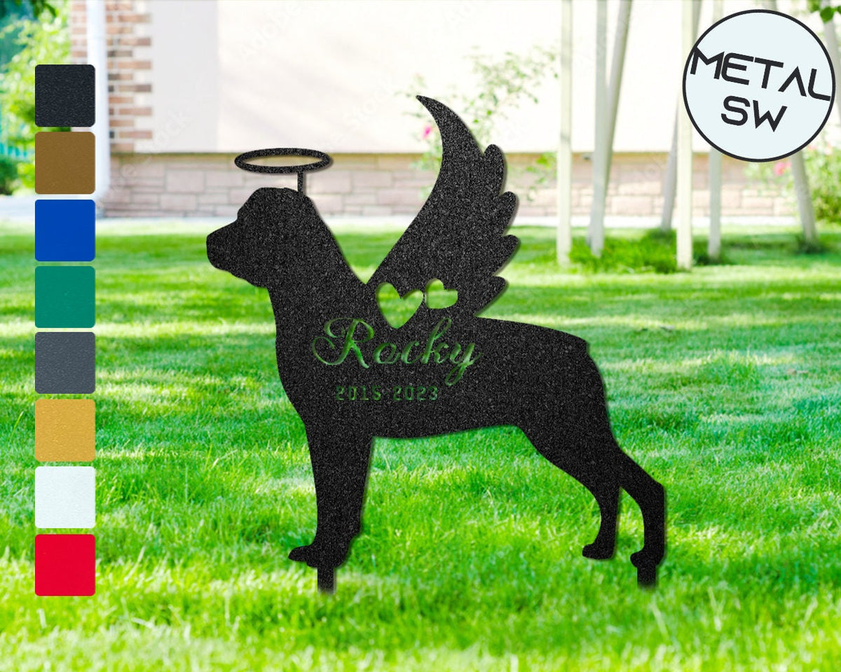 Metal Rottweiler With Angel Wings And Halo Pet Memorial Garden Stakes Rottweiler Grave Marker Graveyard Remembrance Graveside Sign