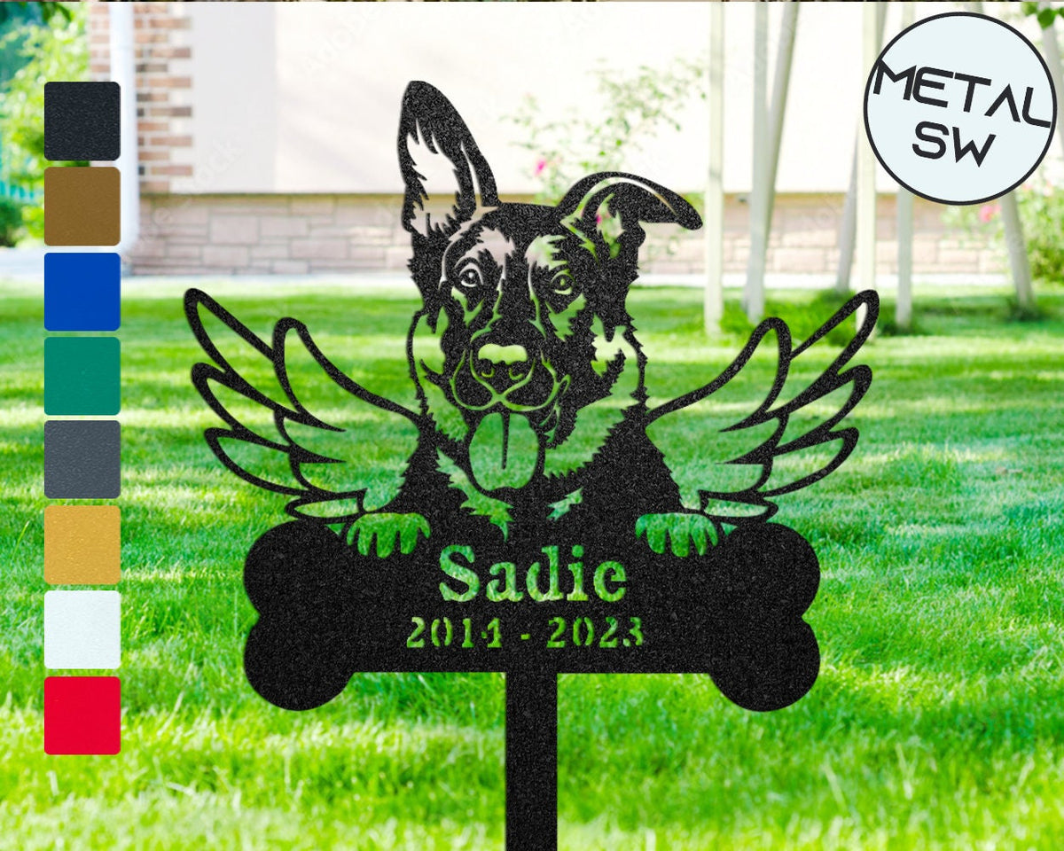 Metal German Shepherd Memorial Sign Stakes Alsatian Shepherd Grave Marker Family Dog Pass Away Gift Pet Memorial Plaque Dog Angel Wings