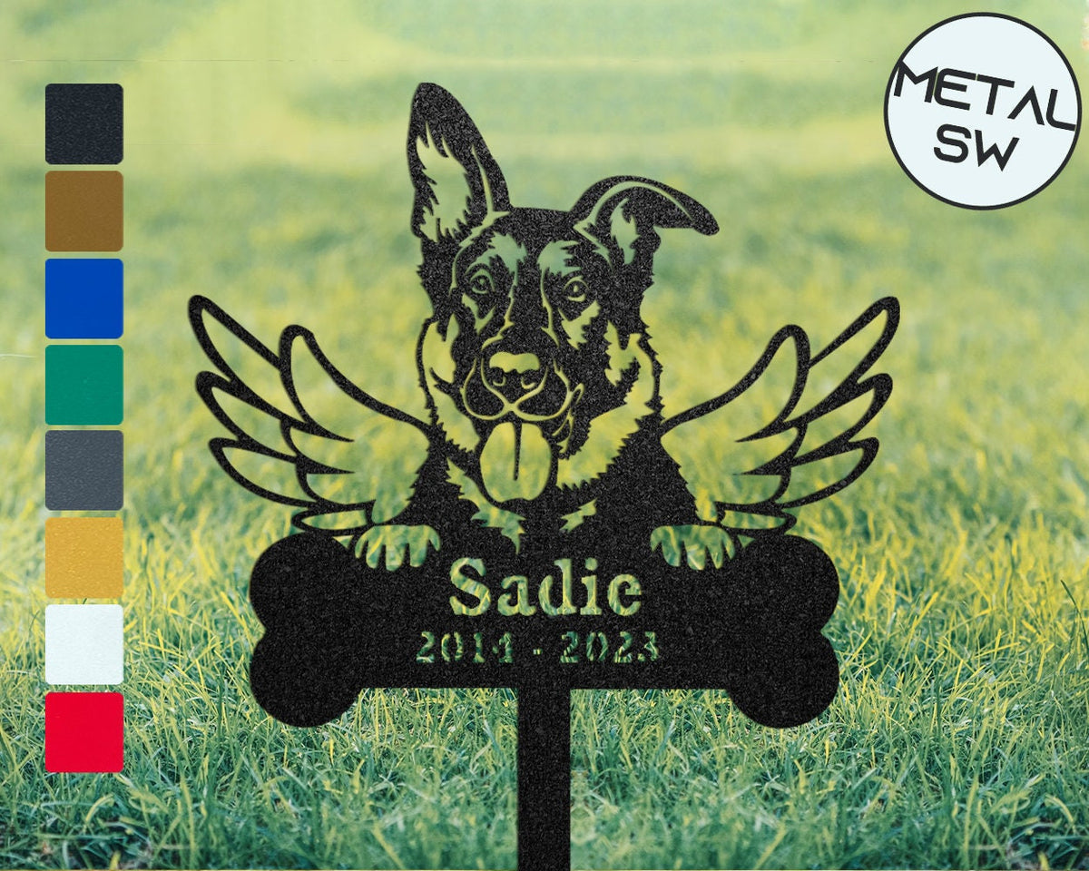 Metal German Shepherd Memorial Sign Stakes Alsatian Shepherd Grave Marker Family Dog Pass Away Gift Pet Memorial Plaque Dog Angel Wings