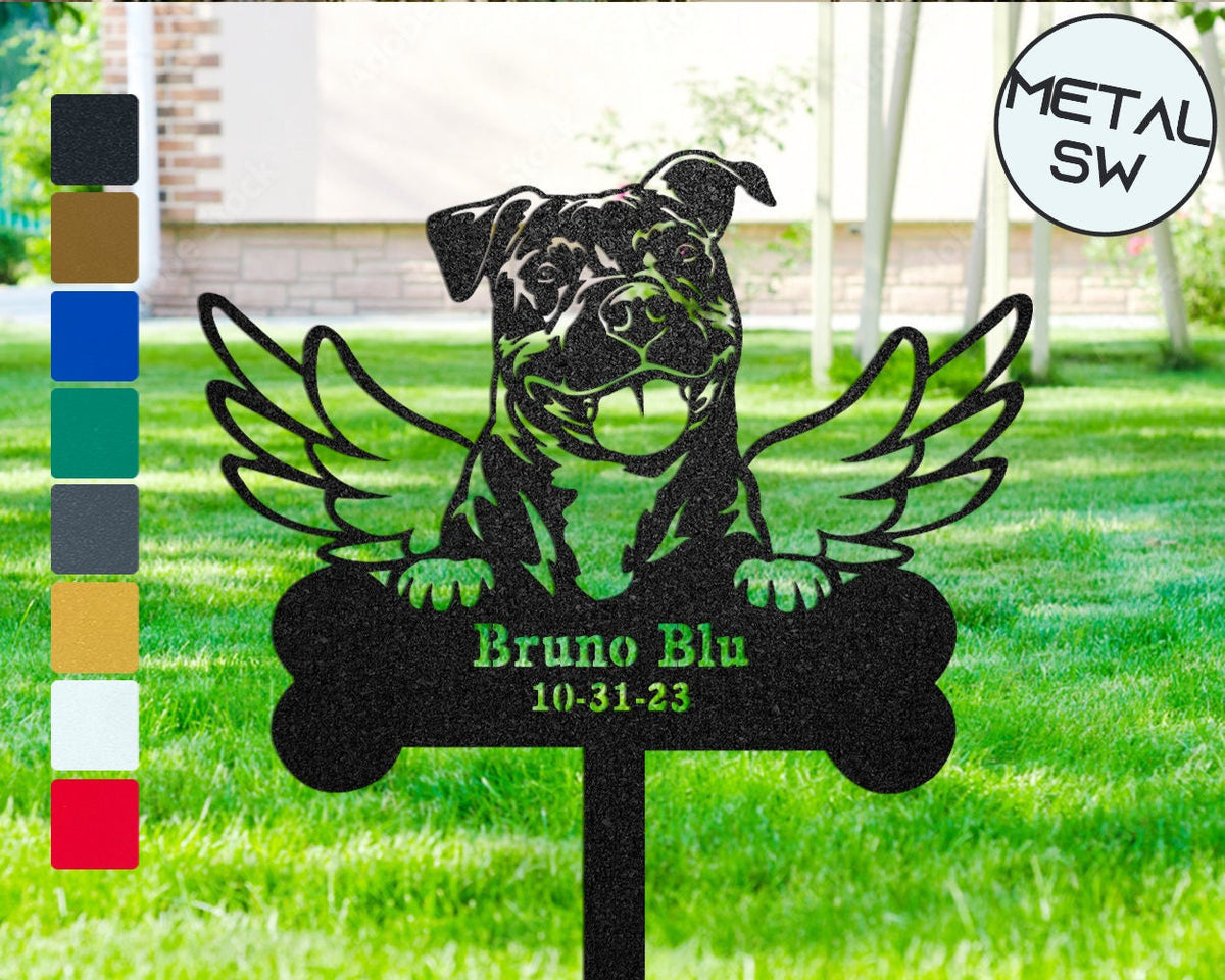 Outdoor Bull Terrier Memorial Gardenstake Pet With Angel Wings Plaque Ornament Metal Bull Terrier Grave Marker Pet Memorial Garden Stakes