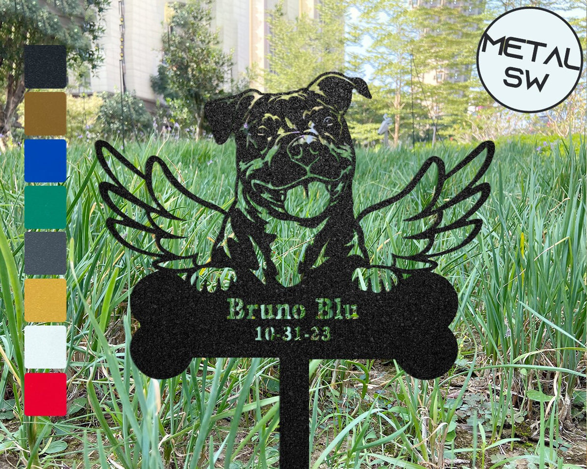 Outdoor Bull Terrier Memorial Gardenstake Pet With Angel Wings Plaque Ornament Metal Bull Terrier Grave Marker Pet Memorial Garden Stakes