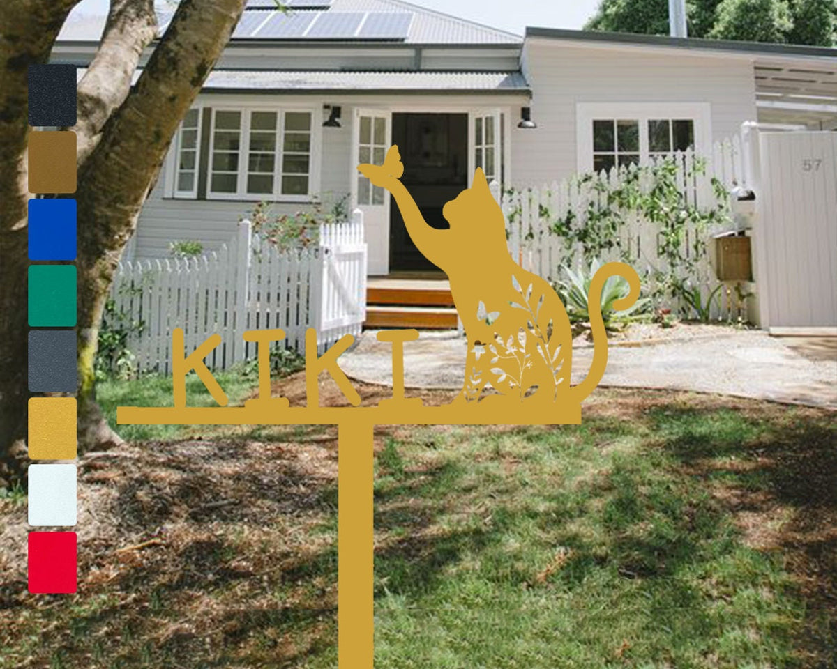 Floral Kitty With Name Personalized Custom Garden Stakes Iron Cat Catch Butterfly Black Garden Decor Cat Memorial Yard Decor Lawn Ornament