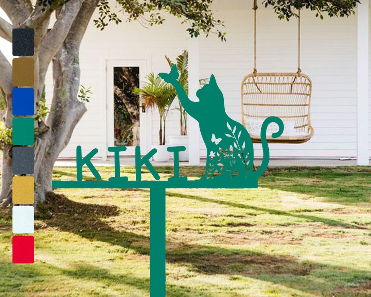 Floral Kitty With Name Personalized Custom Garden Stakes Iron Cat Catch Butterfly Black Garden Decor Cat Memorial Yard Decor Lawn Ornament