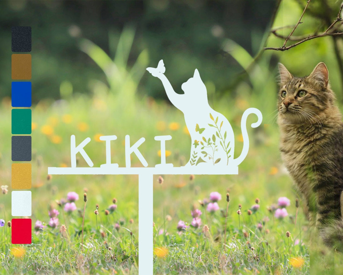 Floral Kitty With Name Personalized Custom Garden Stakes Iron Cat Catch Butterfly Black Garden Decor Cat Memorial Yard Decor Lawn Ornament