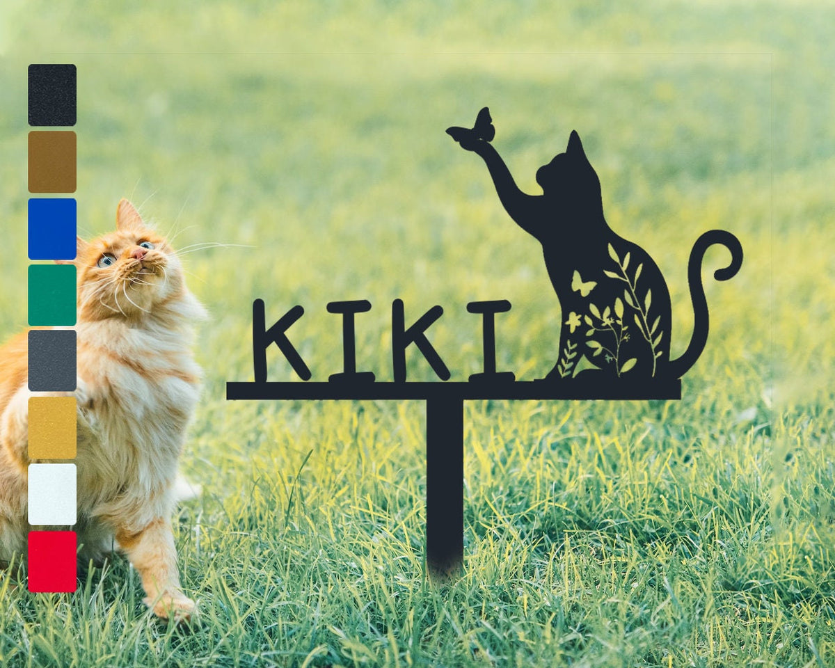 Floral Kitty With Name Personalized Custom Garden Stakes Iron Cat Catch Butterfly Black Garden Decor Cat Memorial Yard Decor Lawn Ornament