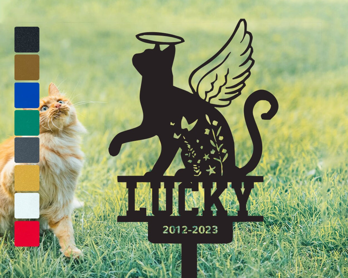 Personalized Cat Name Sign Metal Cat With Angel Wings Cat Grave Marker Outdoor Gardenyard Stakes Tombstone Cat Memorial Remembrance Sign