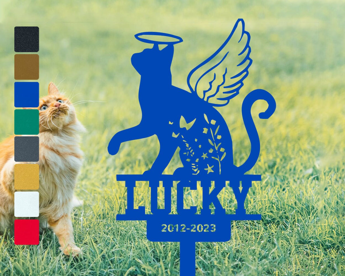 Personalized Cat Name Sign Metal Cat With Angel Wings Cat Grave Marker Outdoor Gardenyard Stakes Tombstone Cat Memorial Remembrance Sign