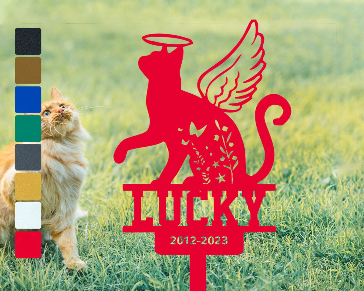 Personalized Cat Name Sign Metal Cat With Angel Wings Cat Grave Marker Outdoor Gardenyard Stakes Tombstone Cat Memorial Remembrance Sign