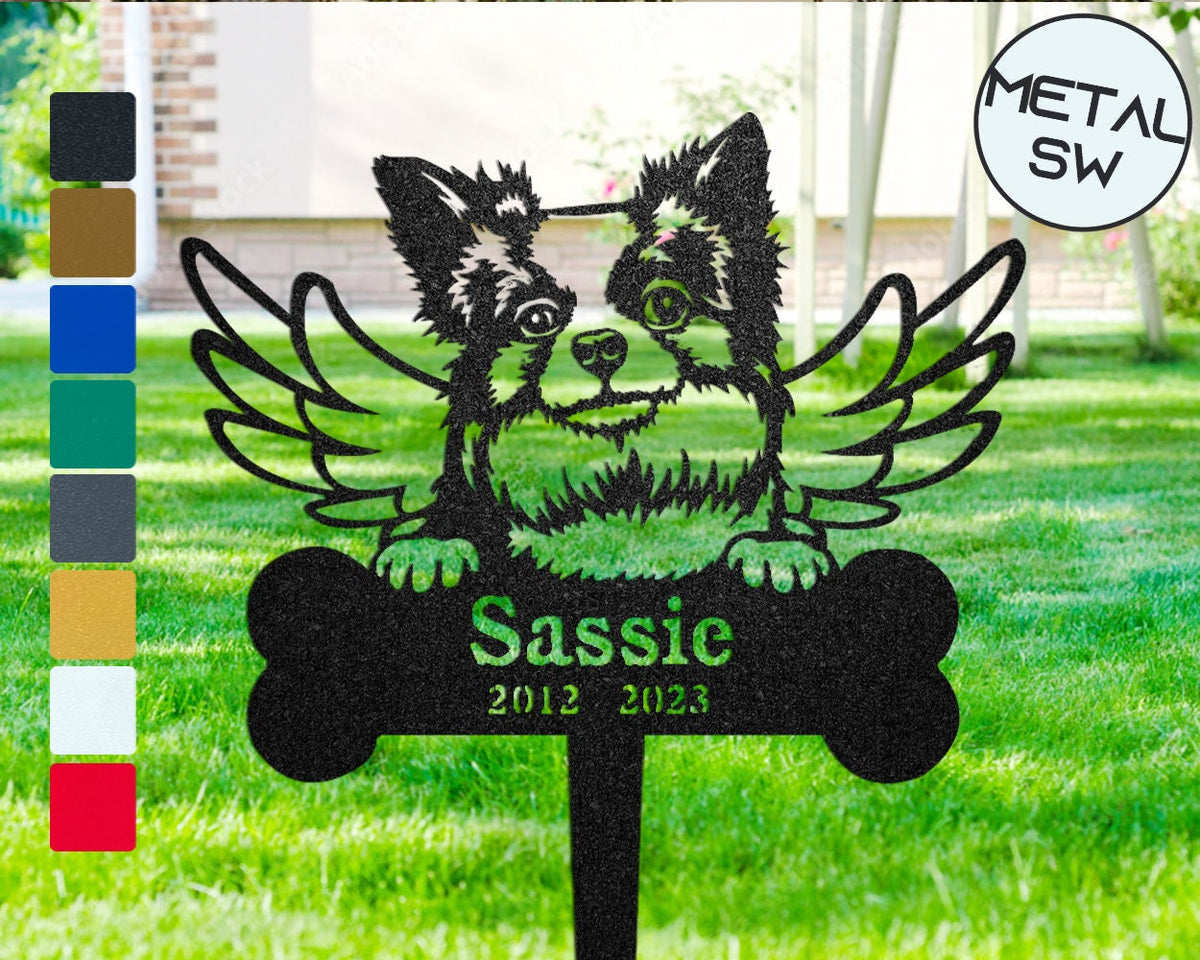 Outdoor Longhaired Chihuahua Memorial Stake Pet With Angel Wings Plaque Ornament Metal Chihuahua Memorial Garden Stakes Dog Grave Marker
