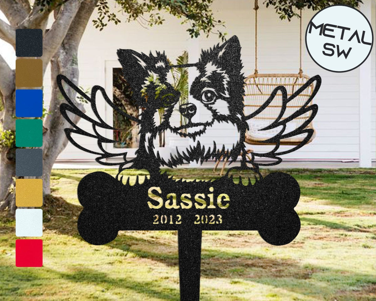 Outdoor Longhaired Chihuahua Memorial Stake Pet With Angel Wings Plaque Ornament Metal Chihuahua Memorial Garden Stakes Dog Grave Marker