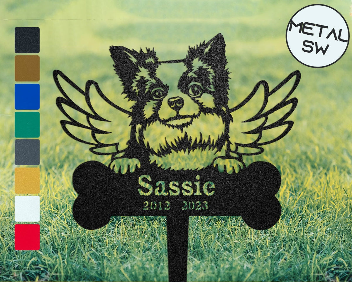 Outdoor Longhaired Chihuahua Memorial Stake Pet With Angel Wings Plaque Ornament Metal Chihuahua Memorial Garden Stakes Dog Grave Marker