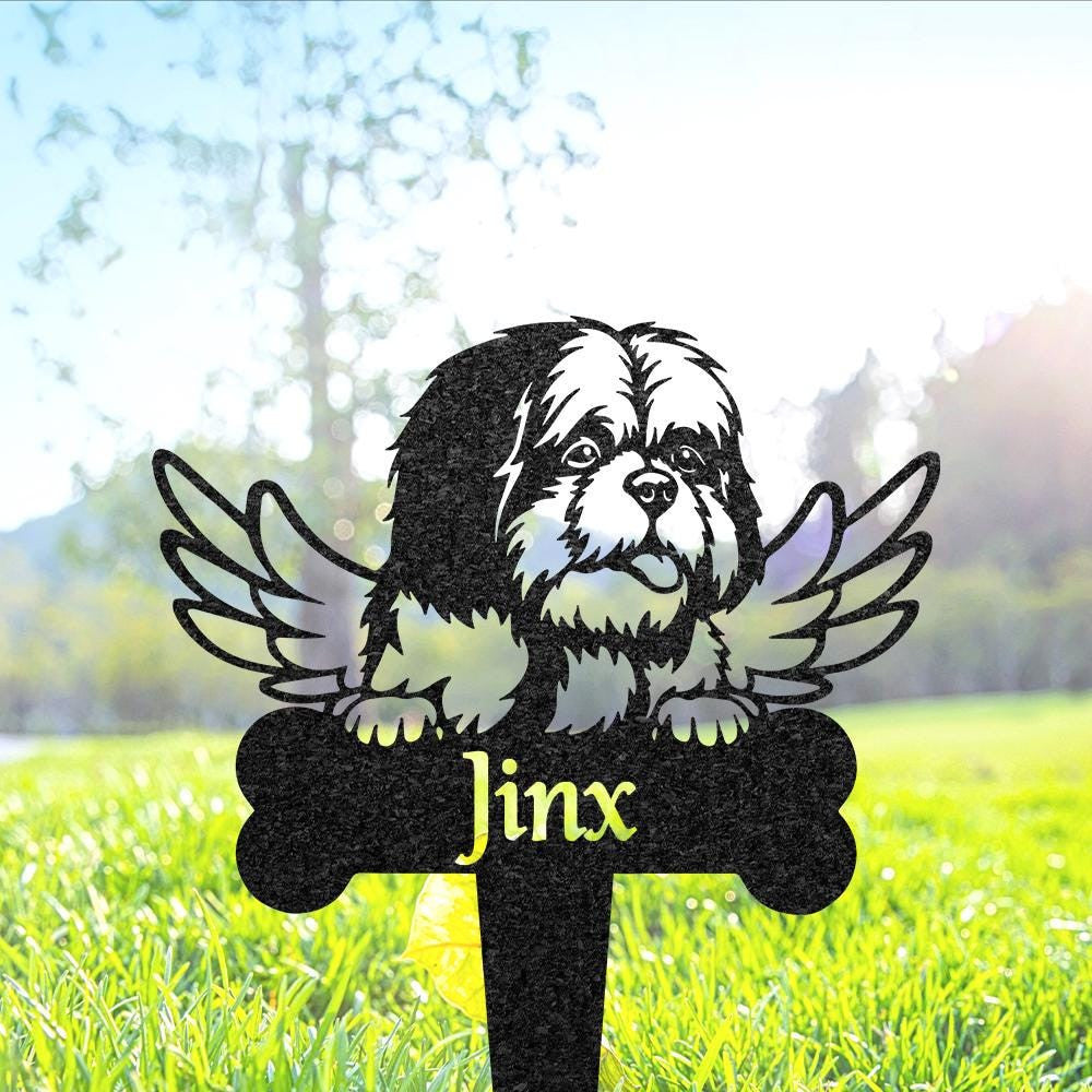 Personalized Shih Tzu Dog Grave Marker With Angel Wings Custom Dog Memorial Metal Garden Sign Pet Tombstone Outdoor Flowerbed Decor