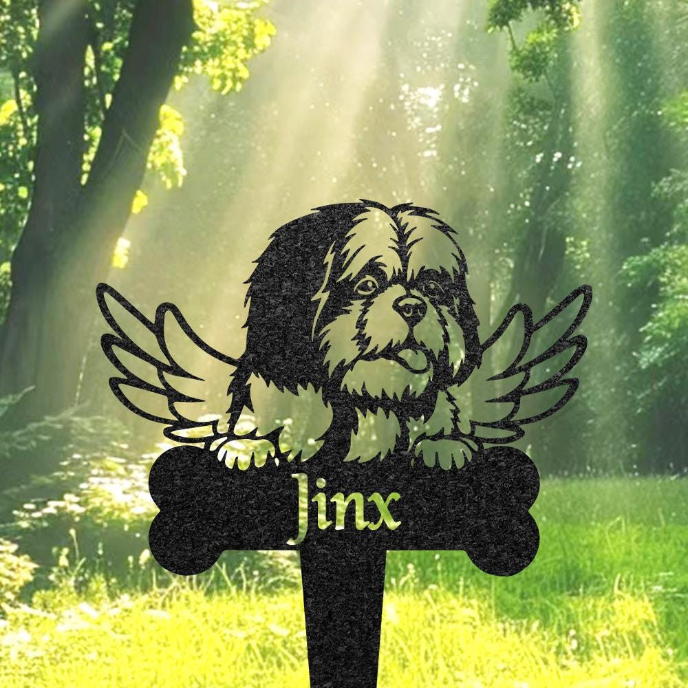 Personalized Shih Tzu Dog Grave Marker With Angel Wings Custom Dog Memorial Metal Garden Sign Pet Tombstone Outdoor Flowerbed Decor