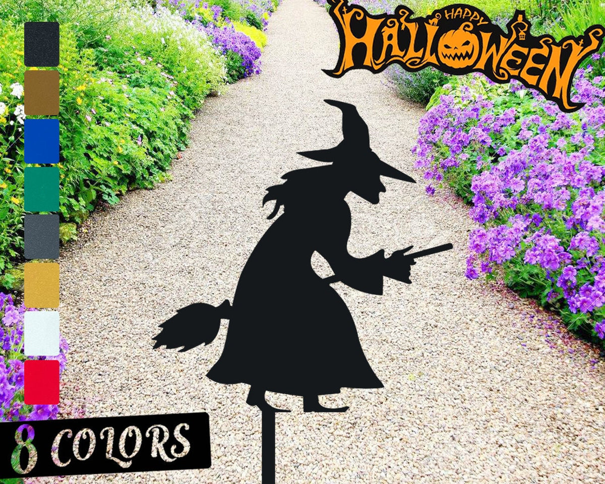 Halloween Decor Black Witch Metal Stake Halloween Sneaky Witch With Broomstick Yard Art Decor For Halloween Scary Witches For Halloween