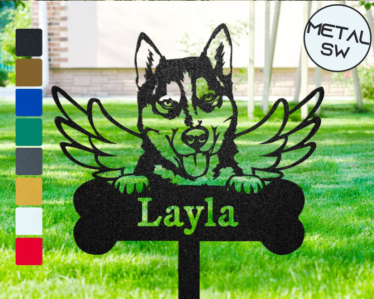 In Loving Memory Husky Memorial Plaque Burial Stake Pet With Angel Wings Metal Garden Stakes Family Dog Grave Marker Custom Cemetery Sign