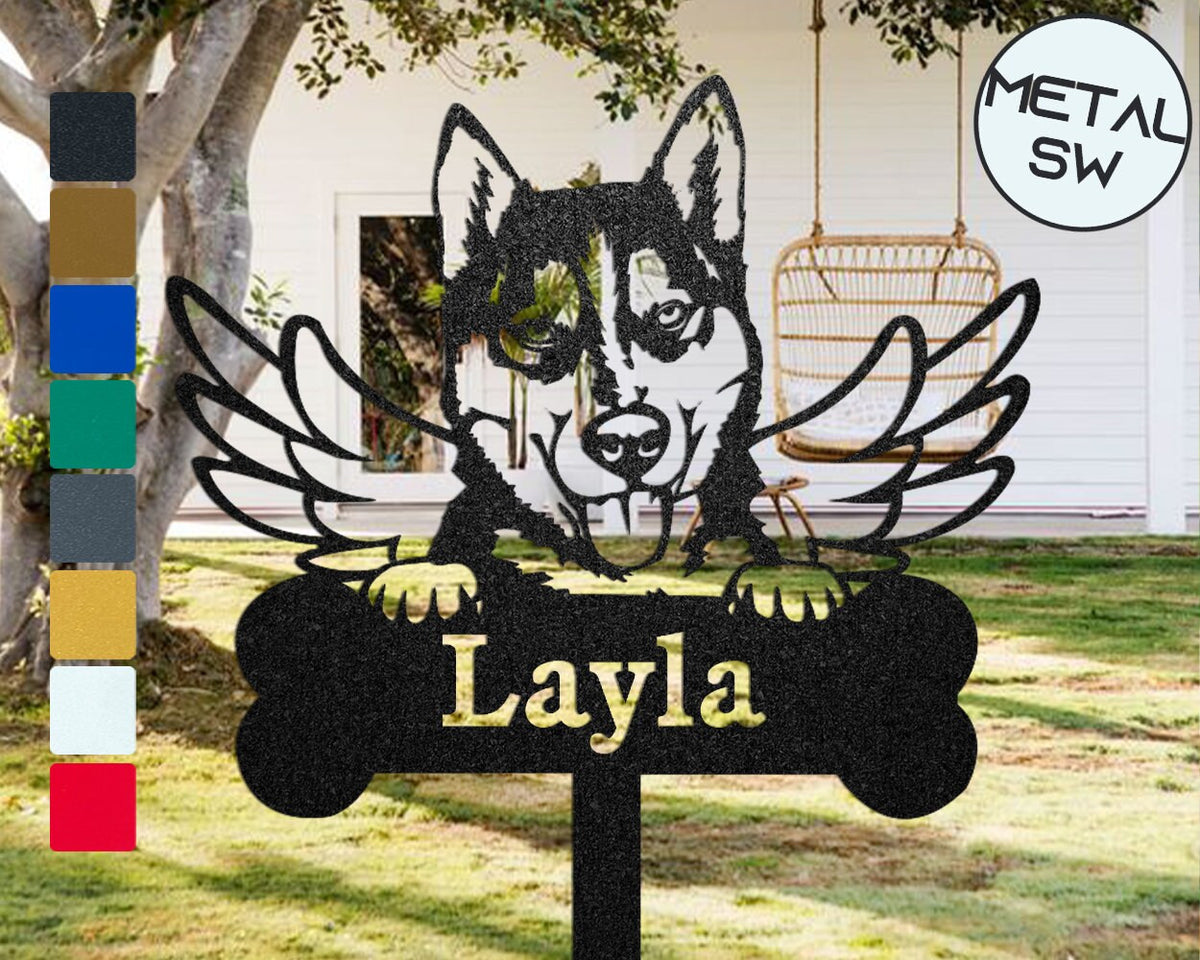 In Loving Memory Husky Memorial Plaque Burial Stake Pet With Angel Wings Metal Garden Stakes Family Dog Grave Marker Custom Cemetery Sign