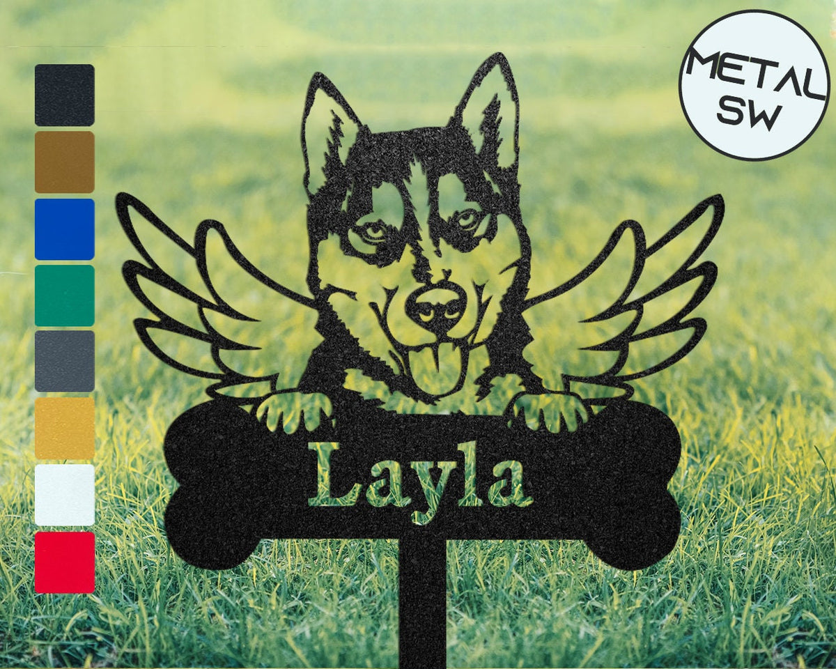 In Loving Memory Husky Memorial Plaque Burial Stake Pet With Angel Wings Metal Garden Stakes Family Dog Grave Marker Custom Cemetery Sign