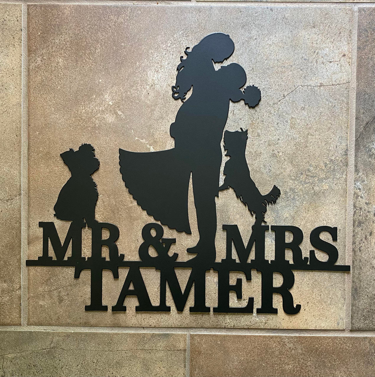 Metal Wedding Sign With Bride Groom And Two Yorkie Dogs - Personalized Wedding Sign - Wedding Gift - Anniversary - Valentine - Christmas