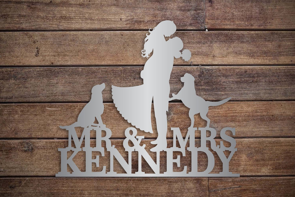 Metal Wedding Sign With Bride Groom And Two Dogs - Personalized Wedding Sign - Wedding Gift - Anniversary Gift - Valentine - Christmas Gift