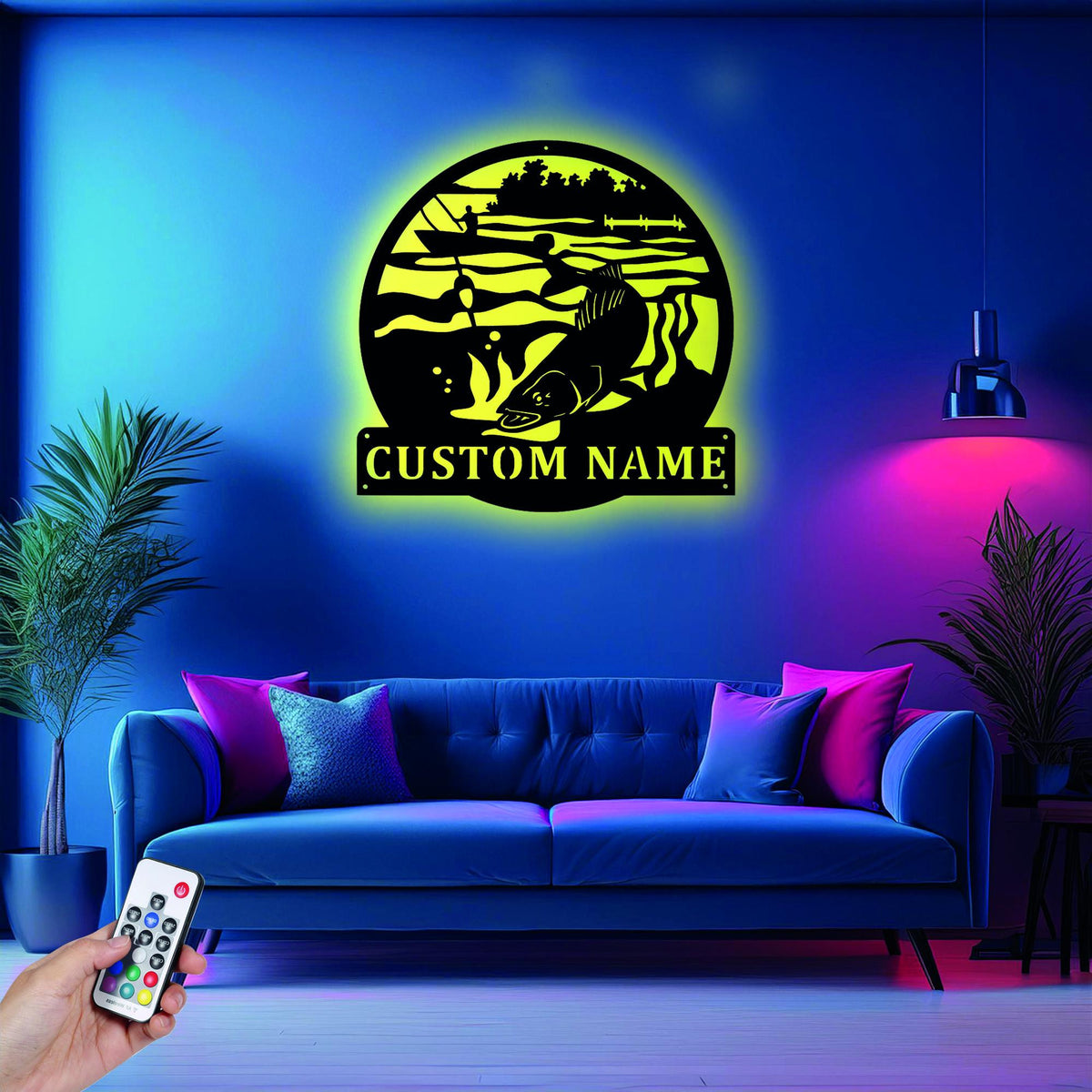 Custom Walleye Fishing Metal Sign Wall Art With Led Light Personalized Walleye Fisher Name Sign Decoration For Room Fish Metal Led Wall Decor