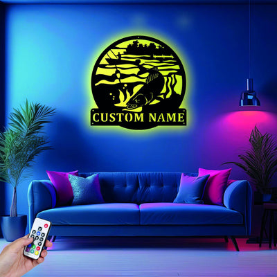 Custom Walleye Fishing Metal Sign Wall Art With Led Light Personalized Walleye Fisher Name Sign Decoration For Room Fish Metal Led Wall Decor