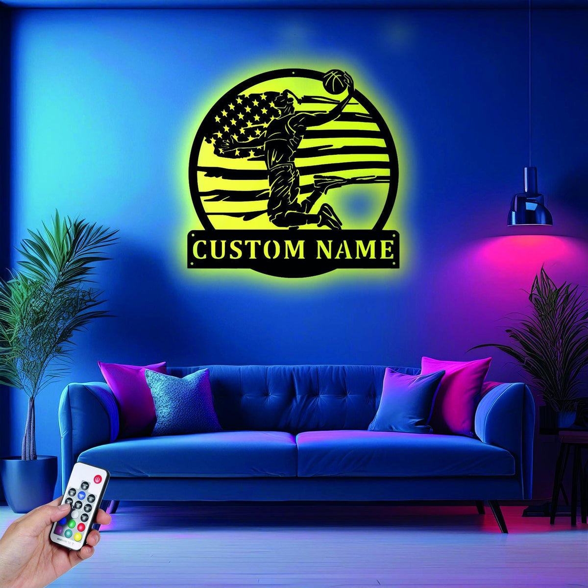 Custom Us Flag Basketball Player Metal Sign Wall Art With Led Light Personalized Basketball Name Sign Decoration For Room Basketball Led Decor