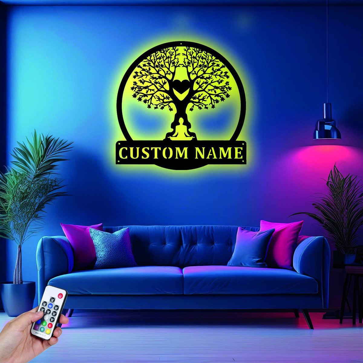 Custom Tree Namaste Heart Metal Sign Wall Art With Led Light Personalized Tree Namaste Name Sign Decoration For Room Yoga Metal Led Wall Decor