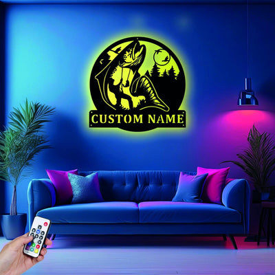 Custom Salmon Fishing Metal Sign Wall Art With Led Light Personalized Salmon Fisher Name Sign Decoration For Room Fish Metal Led Decor