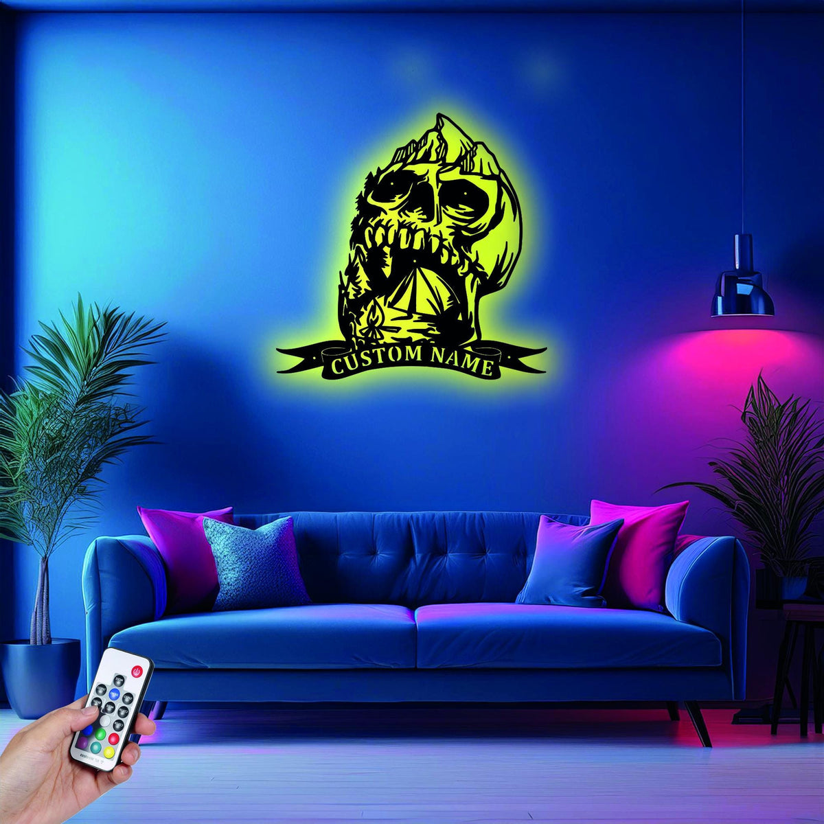Custom Skull Camping Metal Sign Wall Art With Led Light Personalized Camper Name Sign Decoration For Room Camping Metal Led Wall Decor