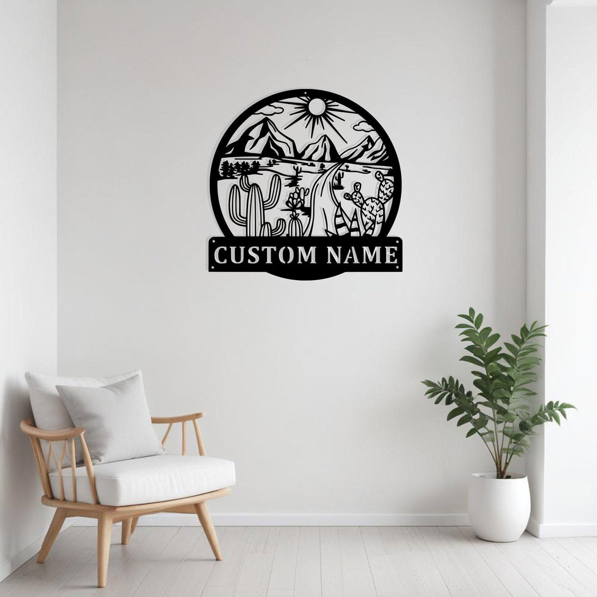 Custom Round Landscape With Cactus Metal Sign Wall Art With Led Light Personalized Cactus Name Sign Decoration For Room Cactus Metal Led Decor