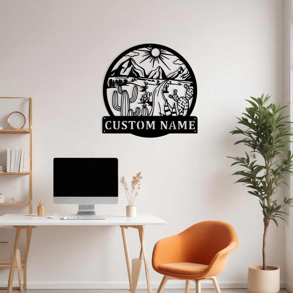 Custom Round Landscape With Cactus Metal Sign Wall Art With Led Light Personalized Cactus Name Sign Decoration For Room Cactus Metal Led Decor