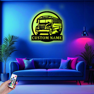 Custom School Bus Metal Sign Wall Art With Led Light Personalized Bus Driver Name Sign Decoration For Room School Bus Metal Led Decor