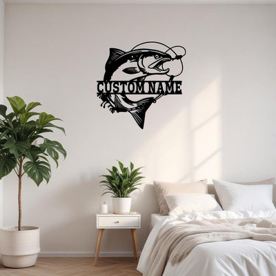 Custom Salmon Fish Metal Sign Wall Art With Led Light Personalized Salmon Fish Name Sign Decoration For Room Fishing Metal Led Decor Fish Art