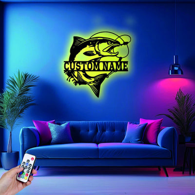 Custom Salmon Fish Metal Sign Wall Art With Led Light Personalized Salmon Fish Name Sign Decoration For Room Fishing Metal Led Decor Fish Art