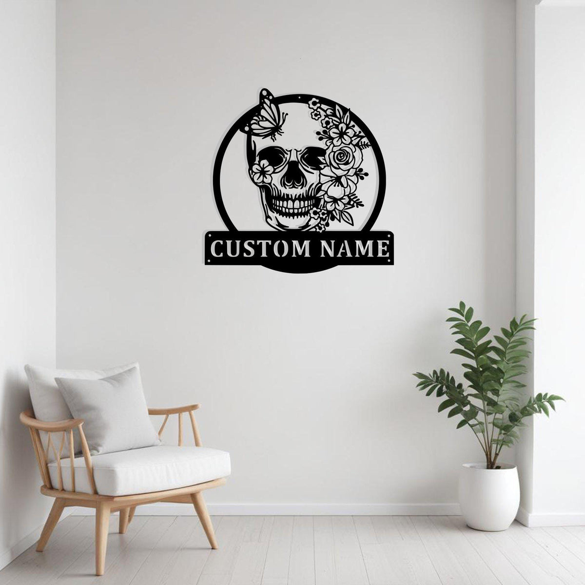 Custom Skull Flower With Butterfly Metal Sign Wall Art With Led Light Personalized Skull Name Sign Decoration For Room Skull Metal Led Decor